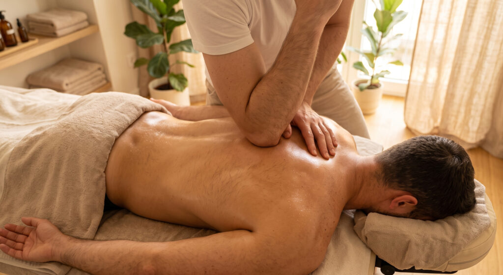 Mobiler Masseur bei der Durchführung einer tiefenwirksamen Deep Tissue Massage am Rücken in Wien