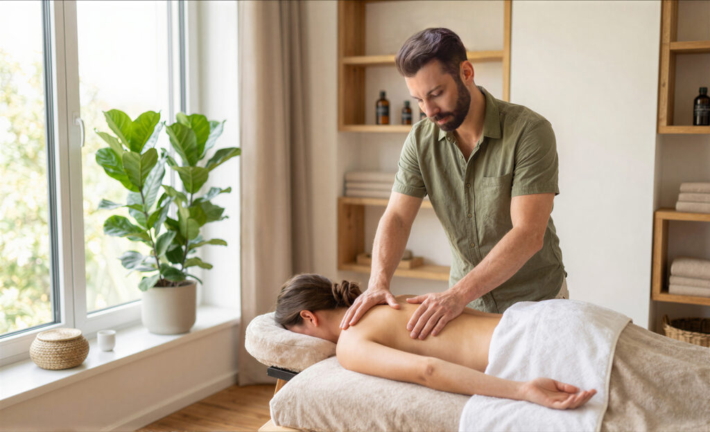 Entspannte Kundin genießt eine professionelle mobile Massage direkt zuhause in Wien